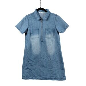 Given‎ Kate Denim Chambray Shirt Dress Size Medium Collared Zip Front Pockets